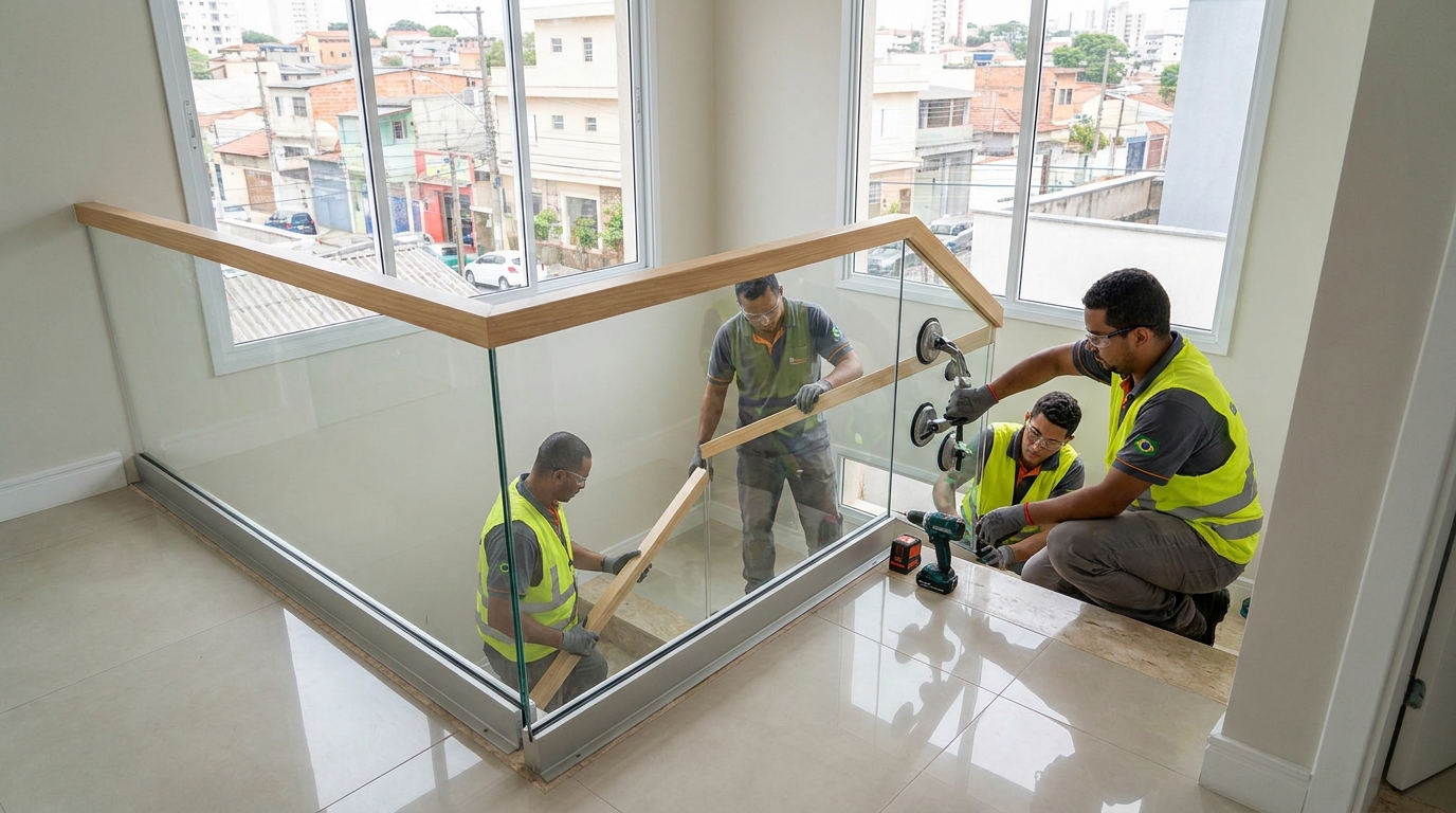 Equipe instalando guarda-corpo de vidro em Maceió-AL